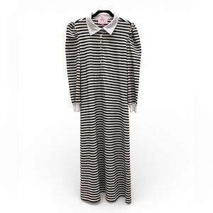 BURU Striped Long Sleeve Polo Maxi Dress Blue White Cotton Pockets